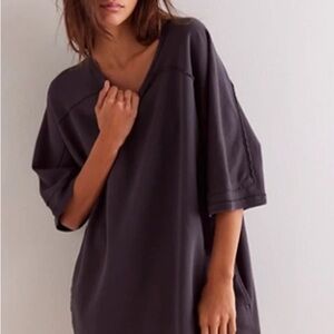 Free People Oversized V-Neck Short Sleeve Sweatshirt in Charcoal